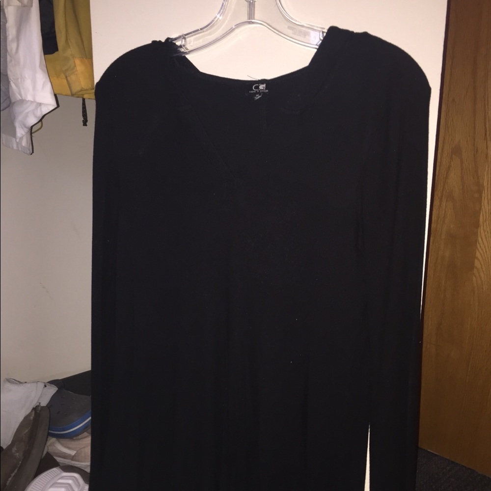 Black hooded v-neck sweater
